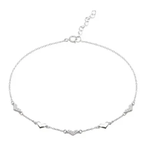 Tobillera de plata de ley 925 rodiada con 5 corazones y circonitas