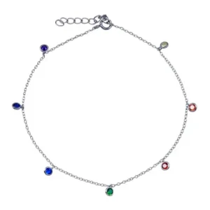Tobillera colgante con circonitas multicolores en plata de ley 925